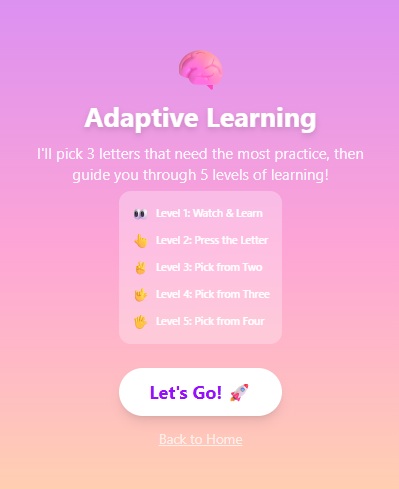 Adaptive Learning screen showing problem letters ready to practice